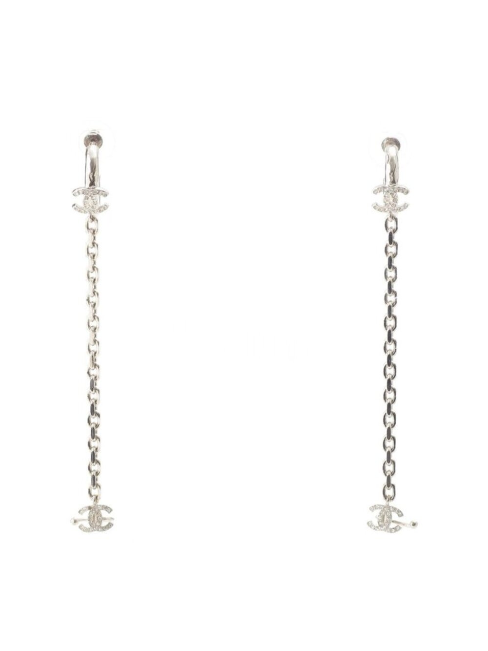 Chanel Metal Rhinestone CC Logo Chain Drop Ear Cuff Earrings Silver